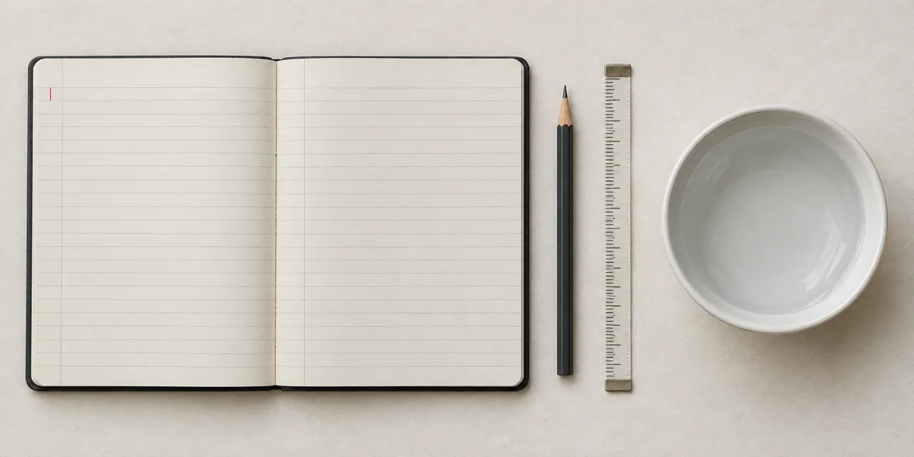 Carnet ligné ouvert aux pages vierges, crayon, réglette graduée et bol blanc rempli d’eau, vus de dessus